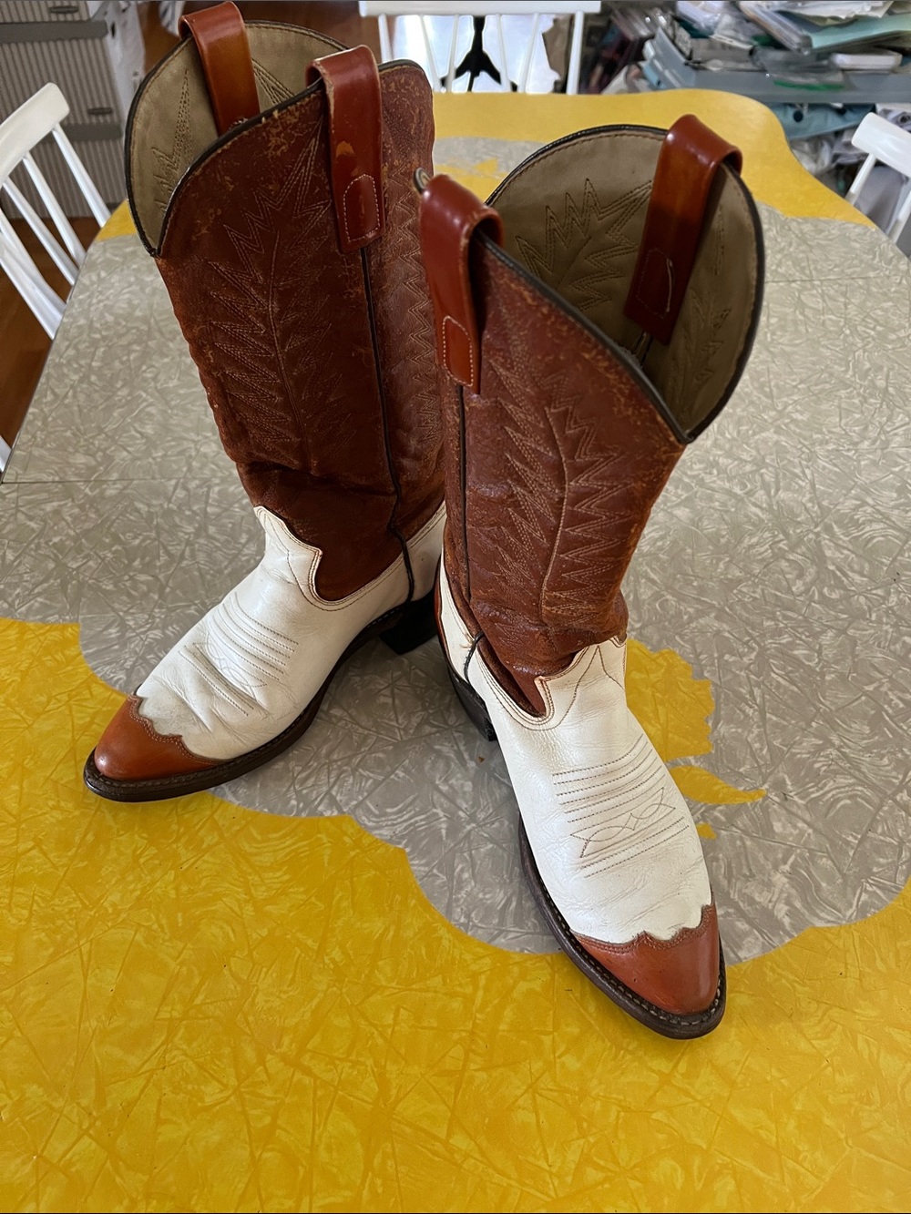 Two-Tone Brown and White Leather Cowboy Boots